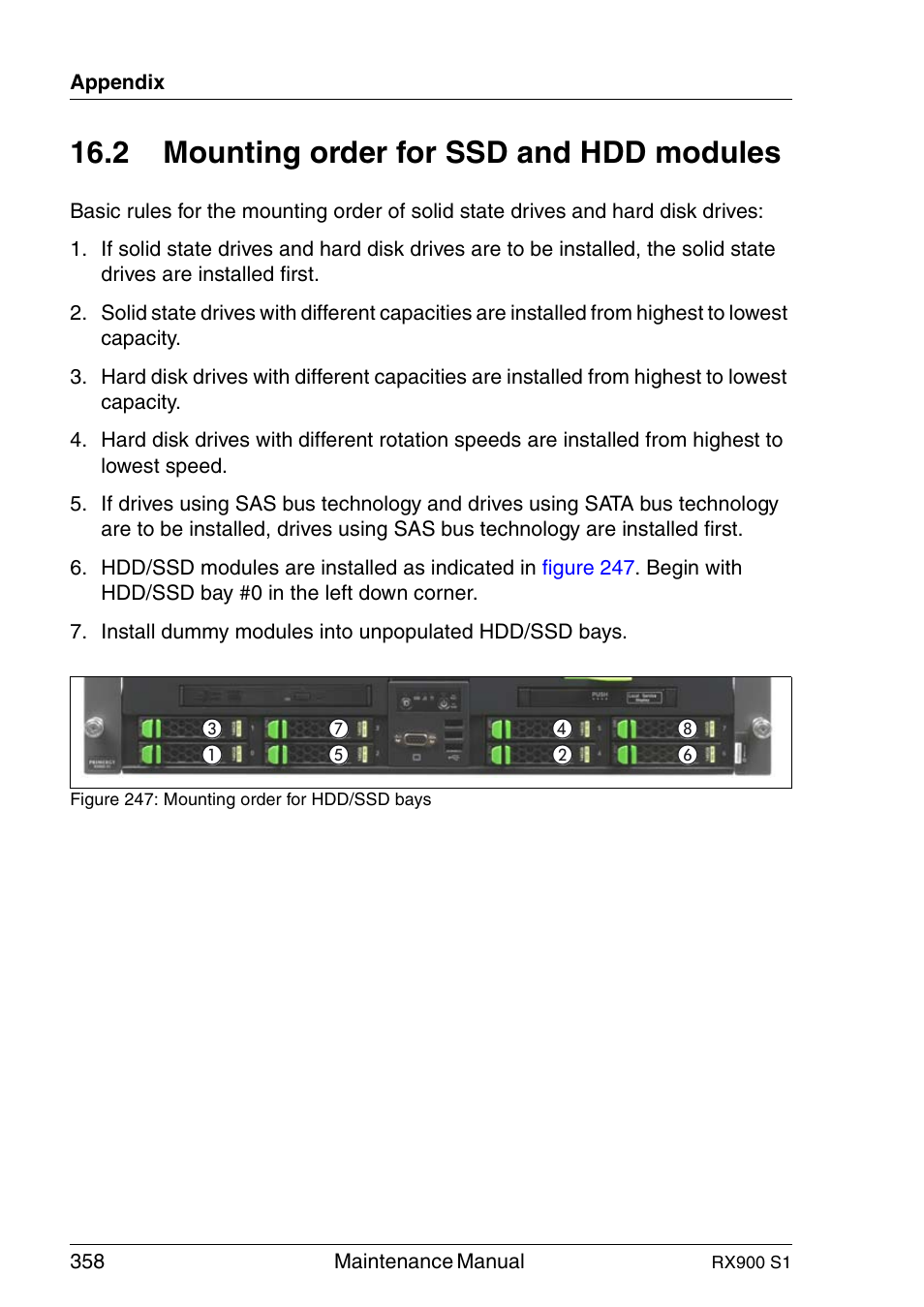 Mounting order for ssd and hdd modules, 2 mounting order for ssd and hdd modules | FUJITSU PRIMERGY RX900 S1 User Manual | Page 358 / 368