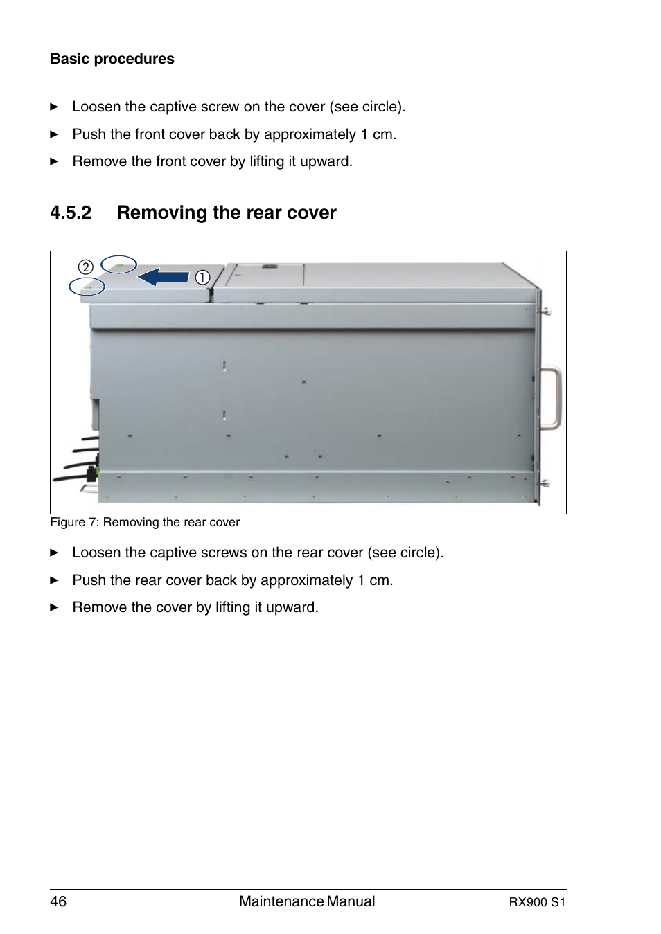 Removing the rear cover, 2 removing the rear cover | FUJITSU PRIMERGY RX900 S1 User Manual | Page 46 / 368