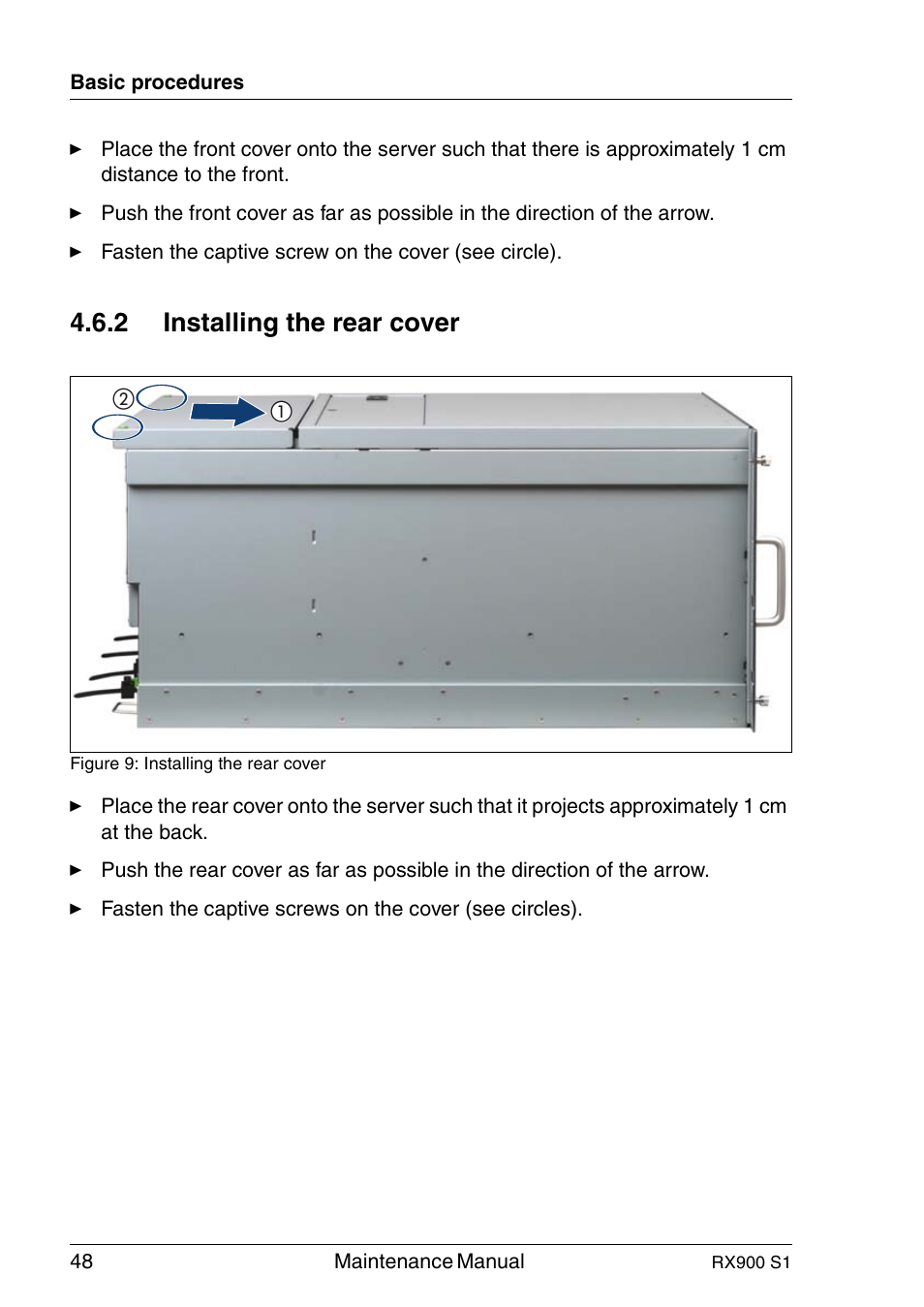 Installing the rear cover, 2 installing the rear cover | FUJITSU PRIMERGY RX900 S1 User Manual | Page 48 / 368