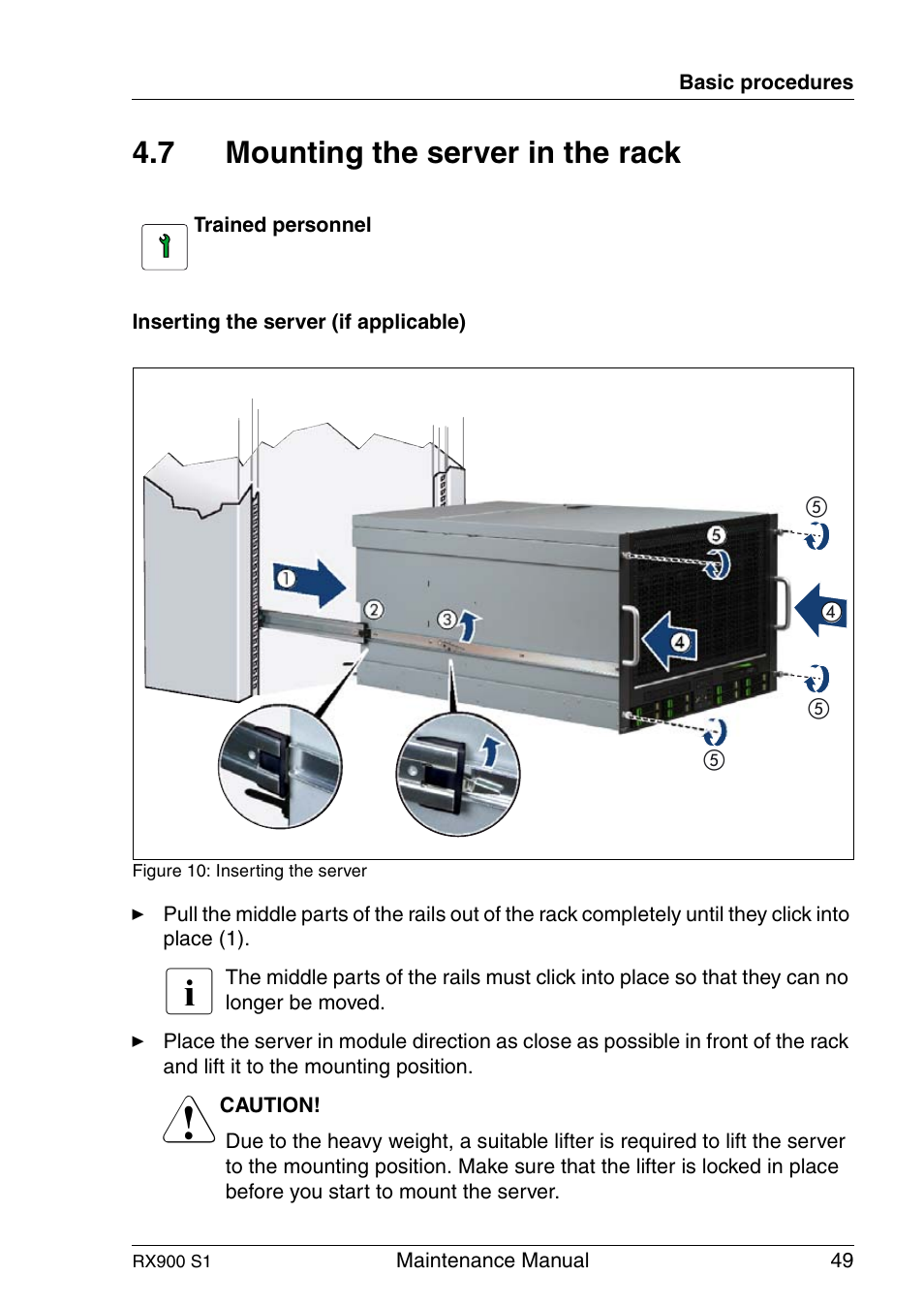 Mounting the server in the rack, 7 mounting the server in the rack | FUJITSU PRIMERGY RX900 S1 User Manual | Page 49 / 368