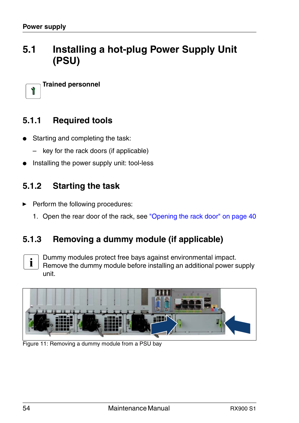 Installing a hot-plug power supply unit (psu), Required tools, Starting the task | Removing a dummy module (if applicable), 1 installing a hot-plug power supply unit (psu), 1 required tools, 2 starting the task, 3 removing a dummy module (if applicable) | FUJITSU PRIMERGY RX900 S1 User Manual | Page 54 / 368
