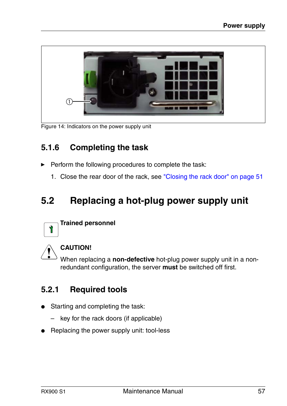 Completing the task, Replacing a hot-plug power supply unit, Required tools | 2 replacing a hot-plug power supply unit, 6 completing the task, 1 required tools | FUJITSU PRIMERGY RX900 S1 User Manual | Page 57 / 368