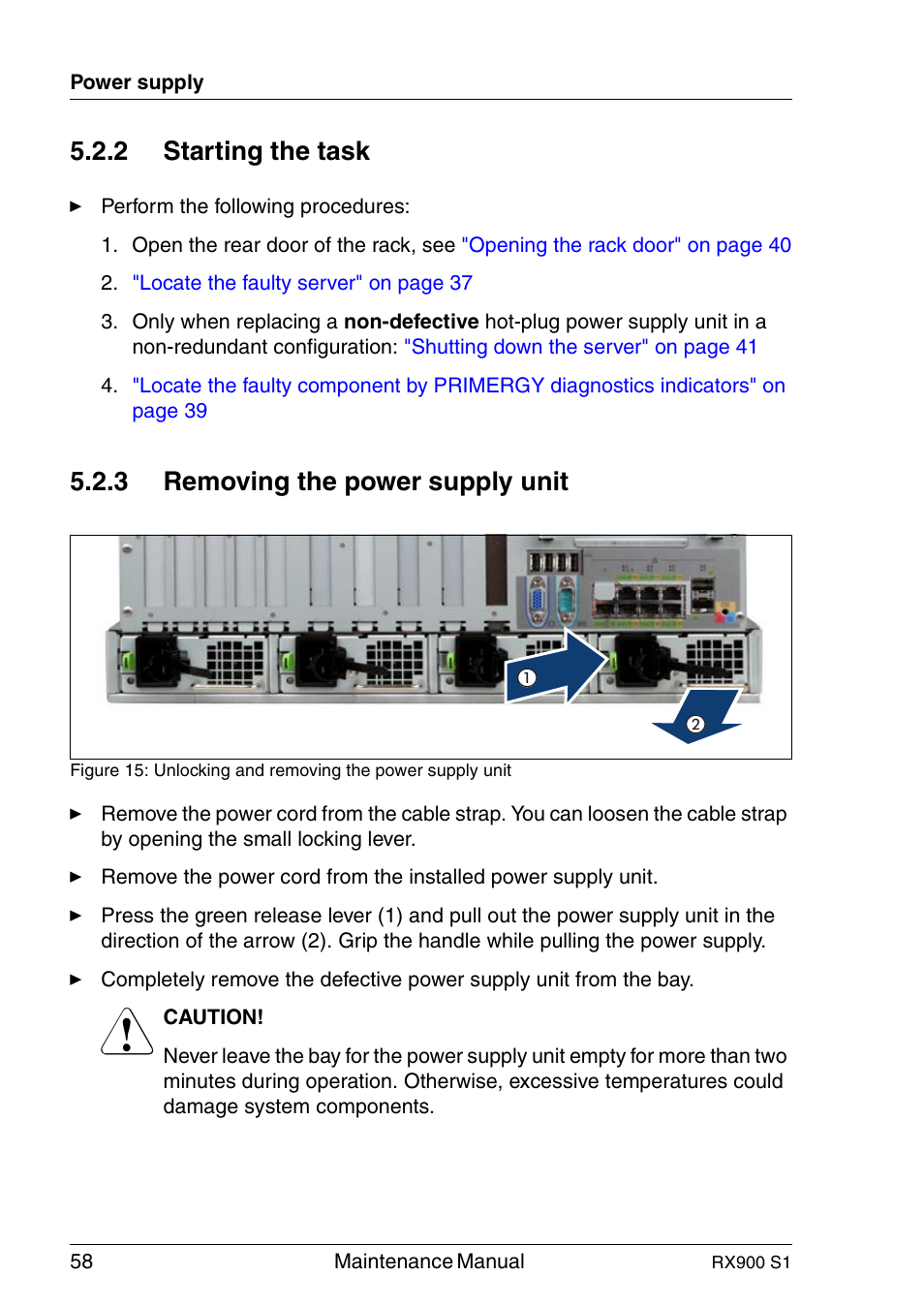Starting the task, Removing the power supply unit, 2 starting the task | 3 removing the power supply unit | FUJITSU PRIMERGY RX900 S1 User Manual | Page 58 / 368