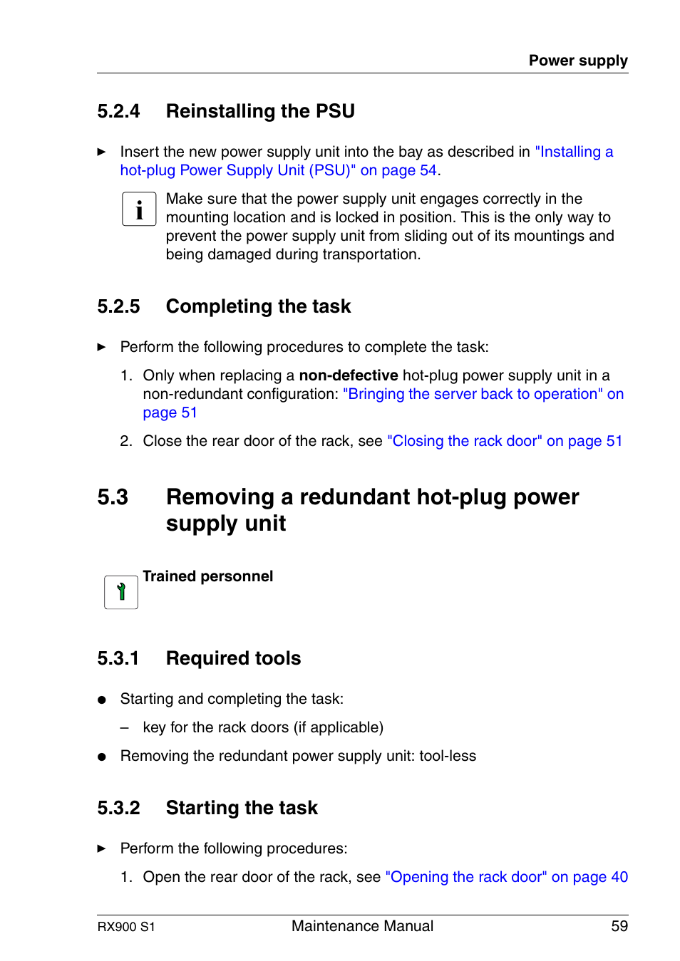 Reinstalling the psu, Completing the task, Removing a redundant hot-plug power supply unit | Required tools, Starting the task, 3 removing a redundant hot-plug power supply unit, 4 reinstalling the psu, 5 completing the task, 1 required tools, 2 starting the task | FUJITSU PRIMERGY RX900 S1 User Manual | Page 59 / 368