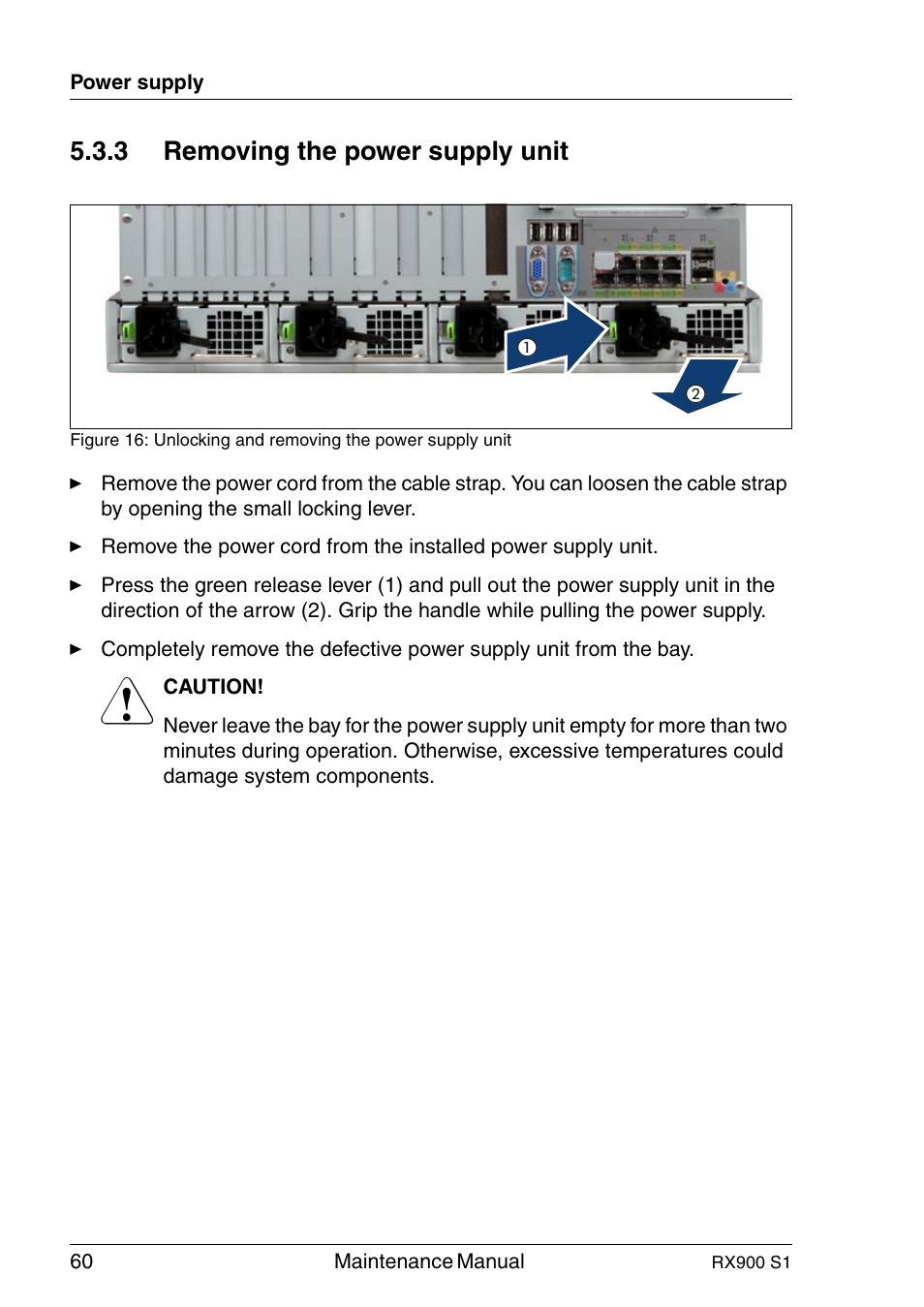 Removing the power supply unit, 3 removing the power supply unit | FUJITSU PRIMERGY RX900 S1 User Manual | Page 60 / 368