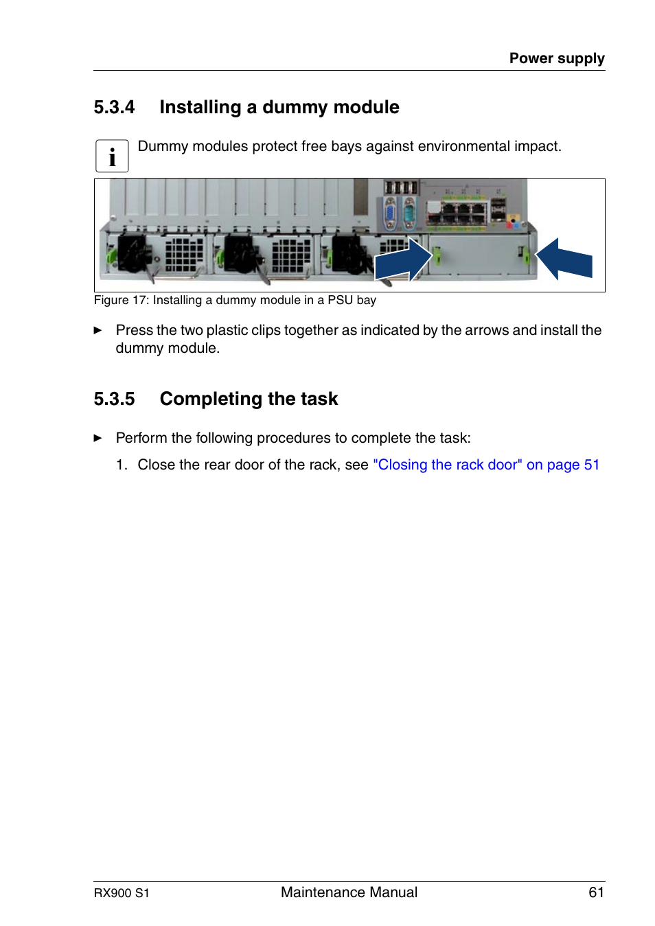 Installing a dummy module, Completing the task, 4 installing a dummy module | 5 completing the task | FUJITSU PRIMERGY RX900 S1 User Manual | Page 61 / 368