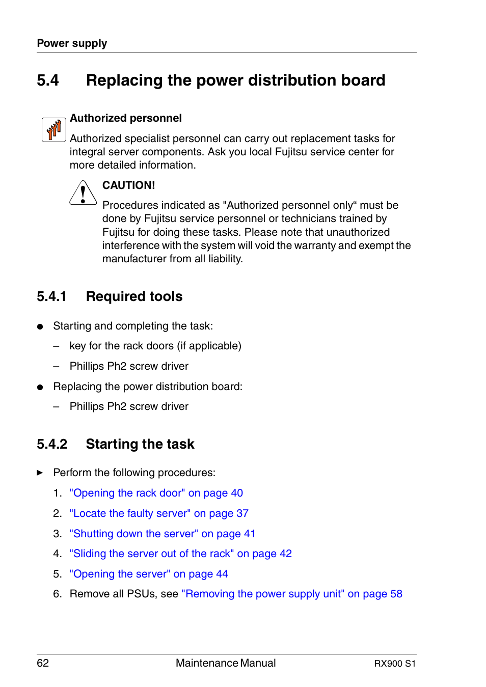 Replacing the power distribution board, Required tools, Starting the task | 4 replacing the power distribution board, 1 required tools, 2 starting the task | FUJITSU PRIMERGY RX900 S1 User Manual | Page 62 / 368