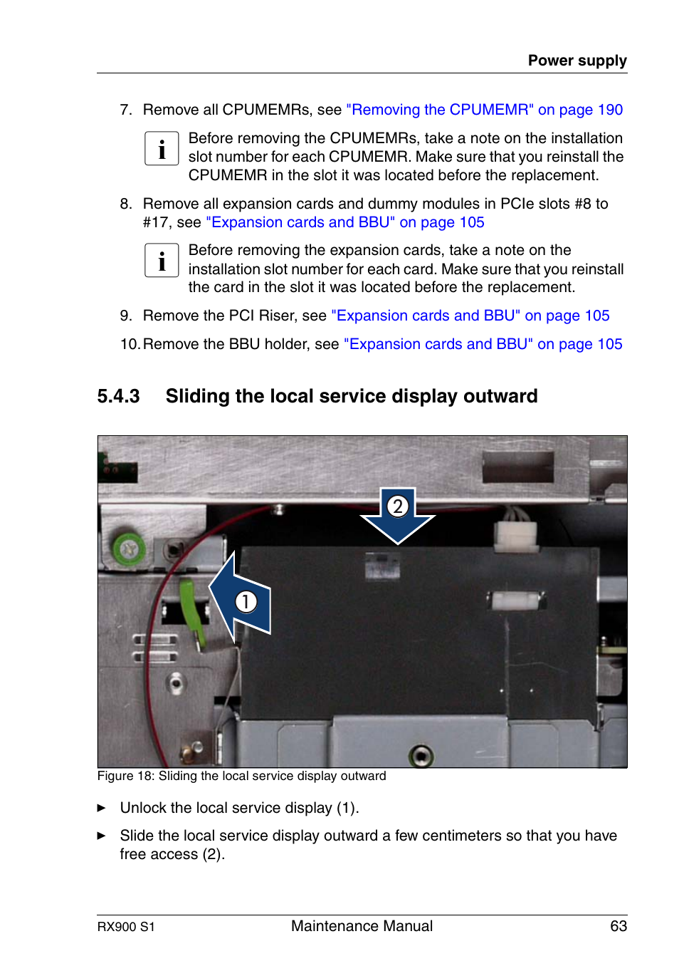 Sliding the local service display outward | FUJITSU PRIMERGY RX900 S1 User Manual | Page 63 / 368