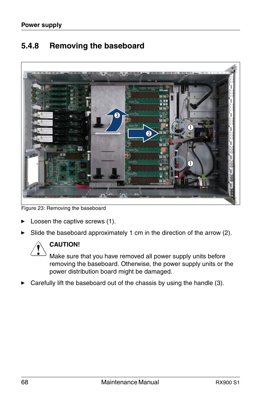 Removing the baseboard, 8 removing the baseboard | FUJITSU PRIMERGY RX900 S1 User Manual | Page 68 / 368