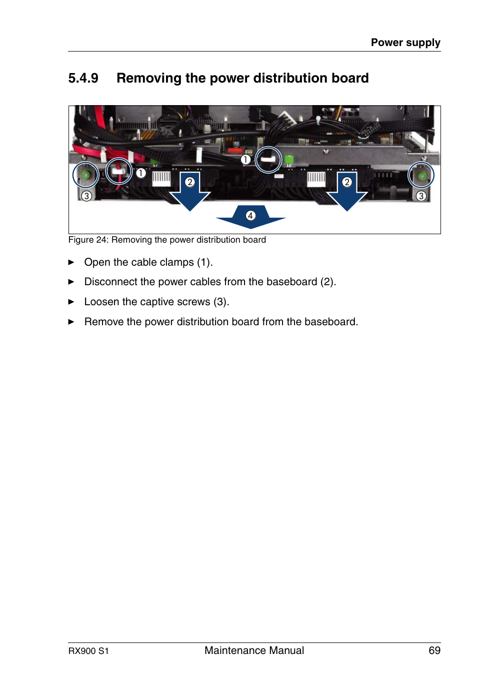 Removing the power distribution board, 9 removing the power distribution board | FUJITSU PRIMERGY RX900 S1 User Manual | Page 69 / 368