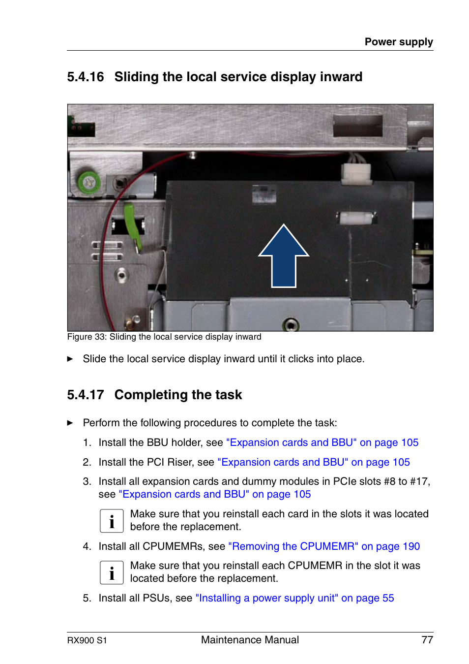 Sliding the local service display inward, Completing the task, 16 sliding the local service display inward | 17 completing the task | FUJITSU PRIMERGY RX900 S1 User Manual | Page 77 / 368