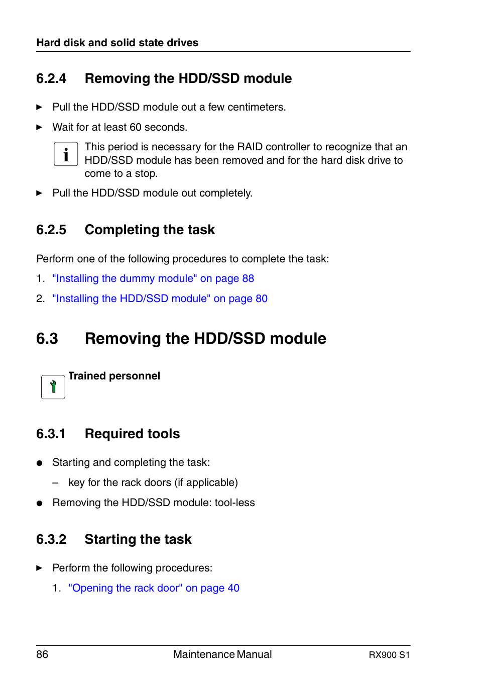 Removing the hdd/ssd module, Completing the task, Required tools | Starting the task, 3 removing the hdd/ssd module, 4 removing the hdd/ssd module, 5 completing the task, 1 required tools, 2 starting the task | FUJITSU PRIMERGY RX900 S1 User Manual | Page 86 / 368