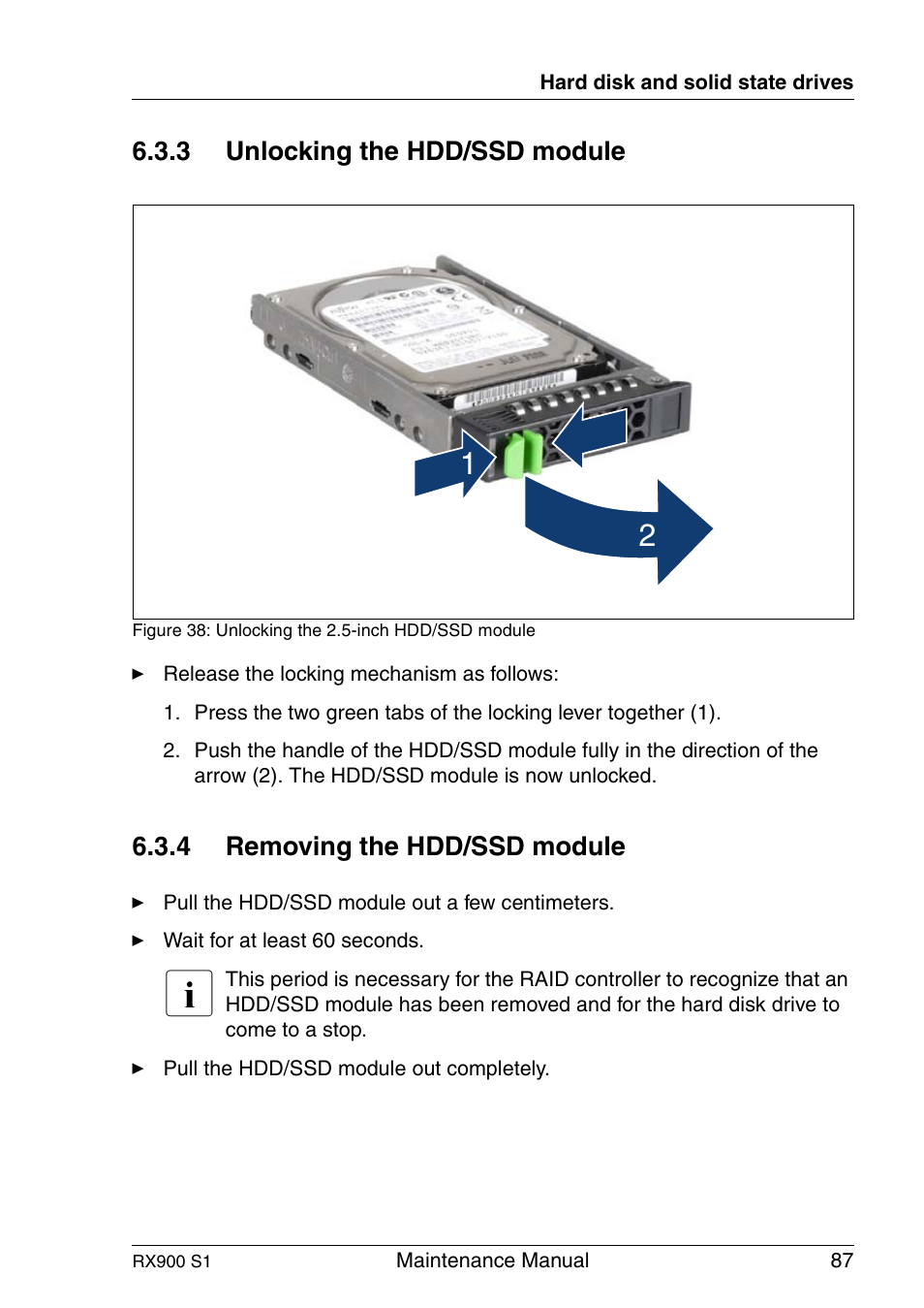 Unlocking the hdd/ssd module, Removing the hdd/ssd module | FUJITSU PRIMERGY RX900 S1 User Manual | Page 87 / 368