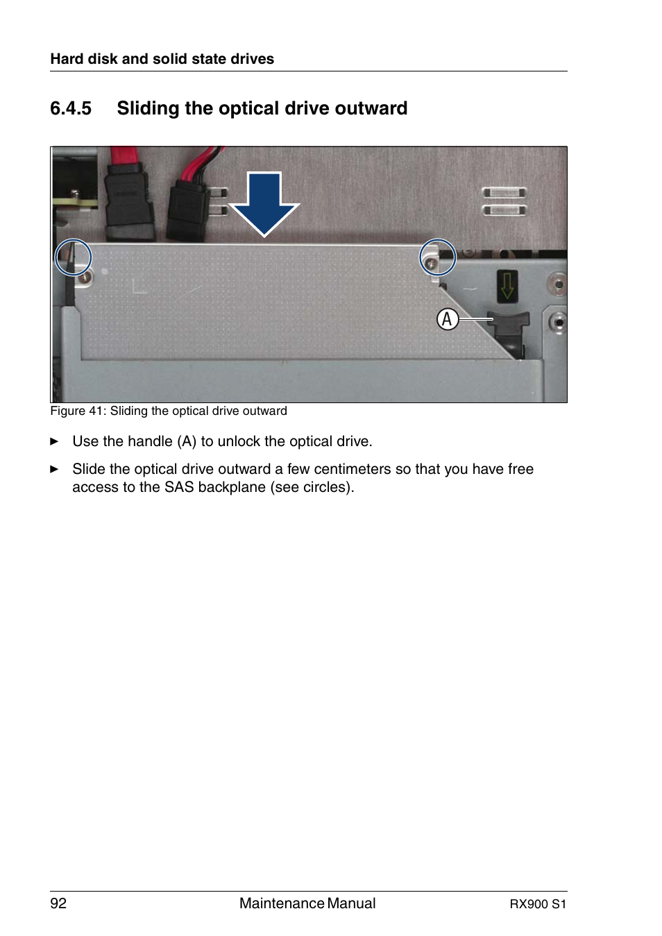 Sliding the optical drive outward, 5 sliding the optical drive outward | FUJITSU PRIMERGY RX900 S1 User Manual | Page 92 / 368
