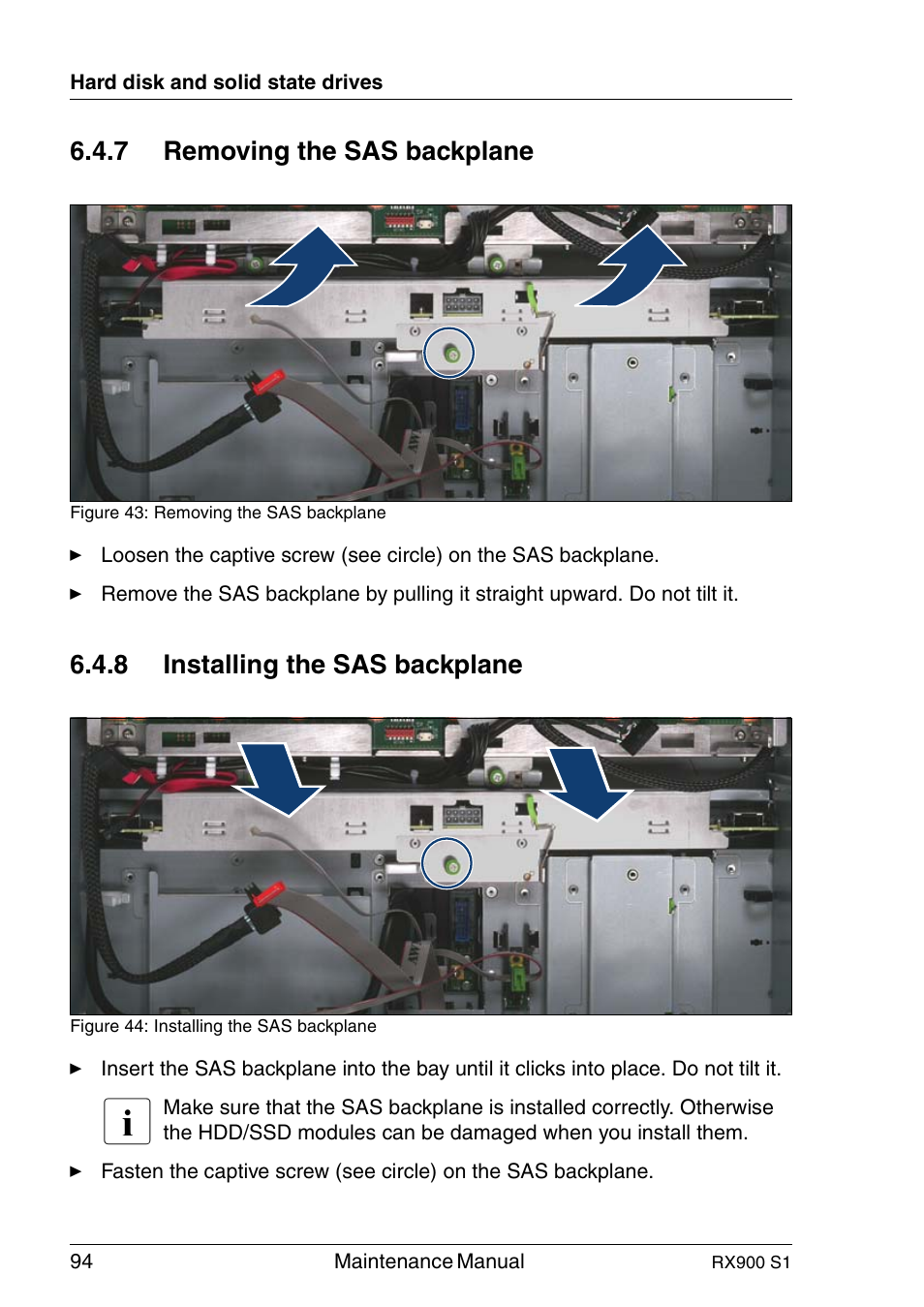 Removing the sas backplane, Installing the sas backplane, 7 removing the sas backplane | 8 installing the sas backplane | FUJITSU PRIMERGY RX900 S1 User Manual | Page 94 / 368