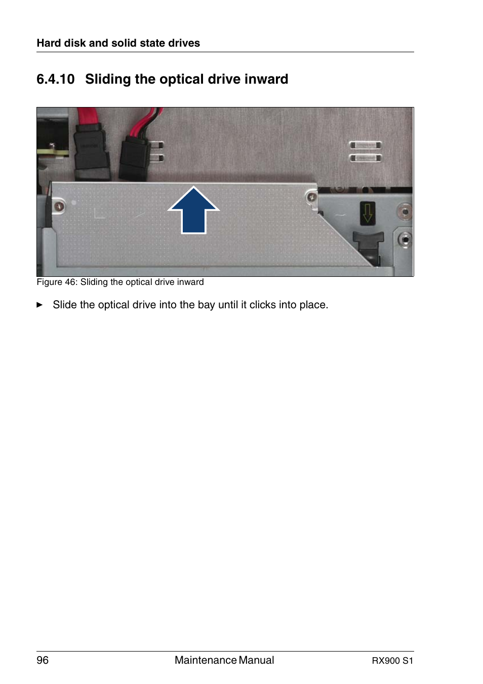 Sliding the optical drive inward, 10 sliding the optical drive inward | FUJITSU PRIMERGY RX900 S1 User Manual | Page 96 / 368