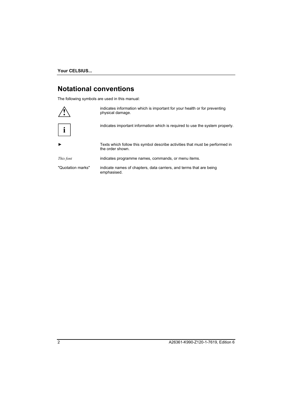 Notational conventions | FUJITSU Siemens CELCIUS M/V/R User Manual | Page 10 / 92
