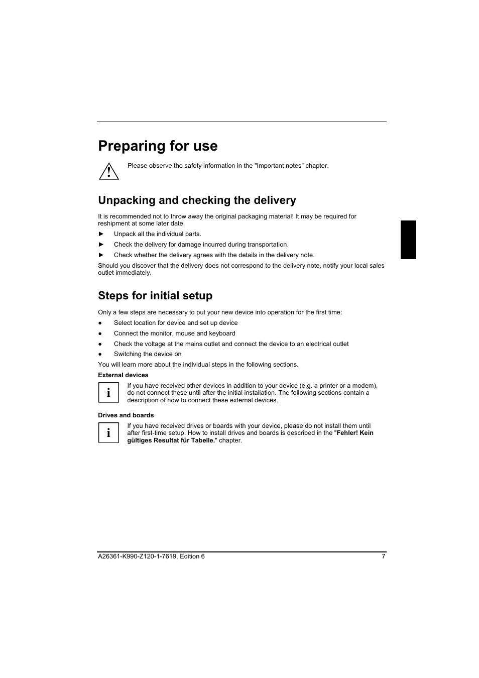 Preparing for use, Unpacking and checking the delivery, Steps for initial setup | FUJITSU Siemens CELCIUS M/V/R User Manual | Page 15 / 92