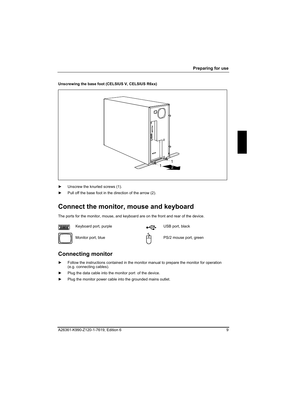 Connect the monitor, mouse and keyboard, Connecting monitor | FUJITSU Siemens CELCIUS M/V/R User Manual | Page 17 / 92