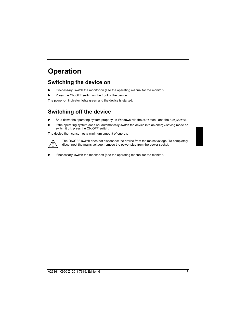 Operation, Switching the device on, Switching off the device | FUJITSU Siemens CELCIUS M/V/R User Manual | Page 25 / 92