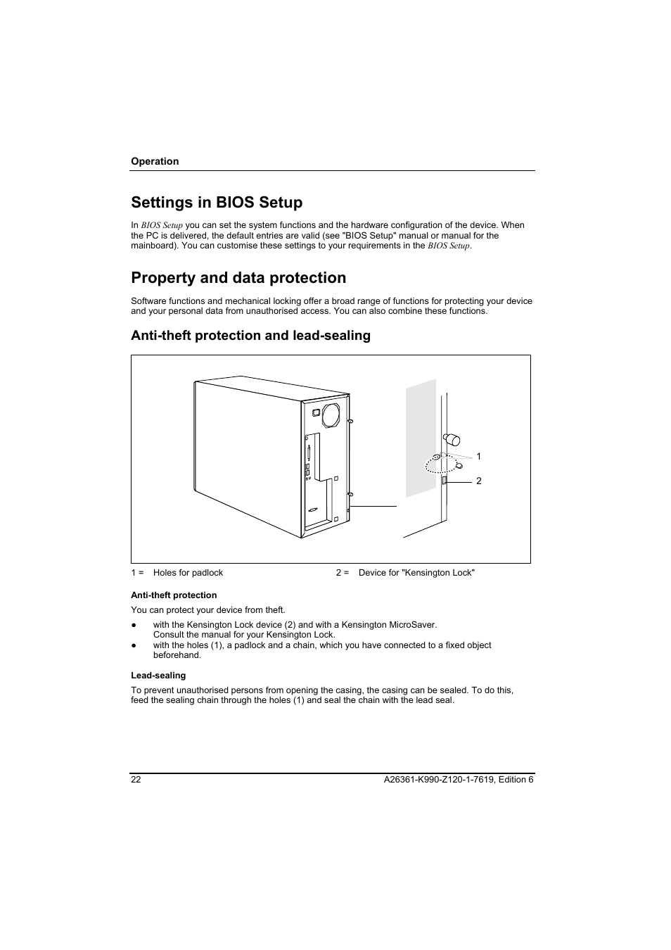 Settings in bios setup, Property and data protection, Anti-theft protection and lead-sealing | FUJITSU Siemens CELCIUS M/V/R User Manual | Page 30 / 92