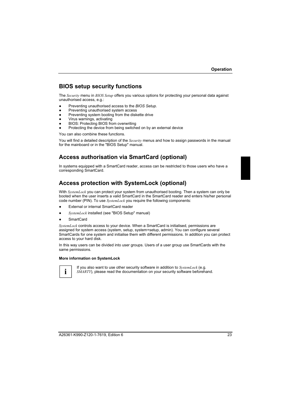 Bios setup security functions, Access authorisation via smartcard (optional), Access protection with systemlock (optional) | FUJITSU Siemens CELCIUS M/V/R User Manual | Page 31 / 92