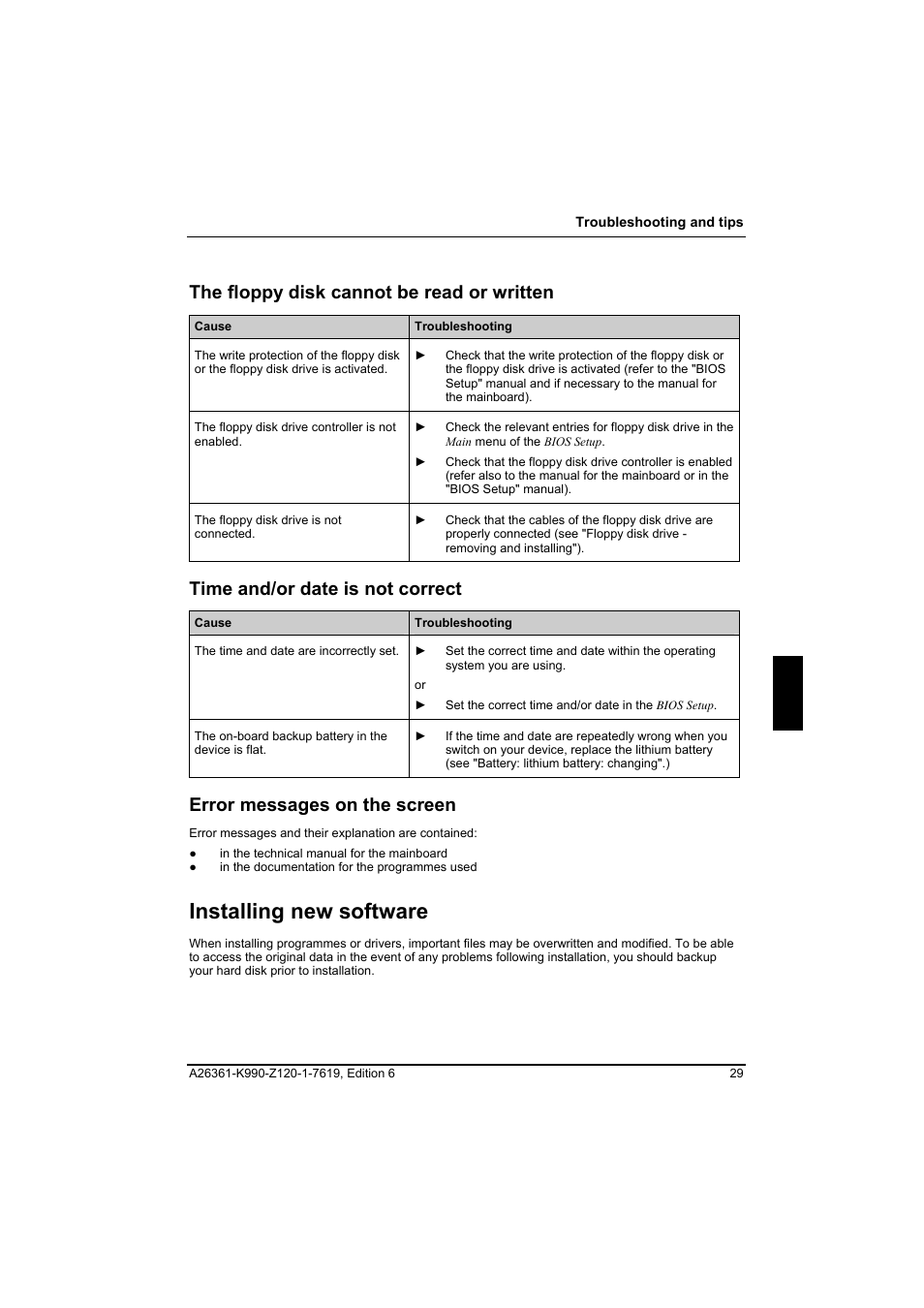 The floppy disk cannot be read or written, Time and/or date is not correct, Error messages on the screen | Installing new software | FUJITSU Siemens CELCIUS M/V/R User Manual | Page 37 / 92
