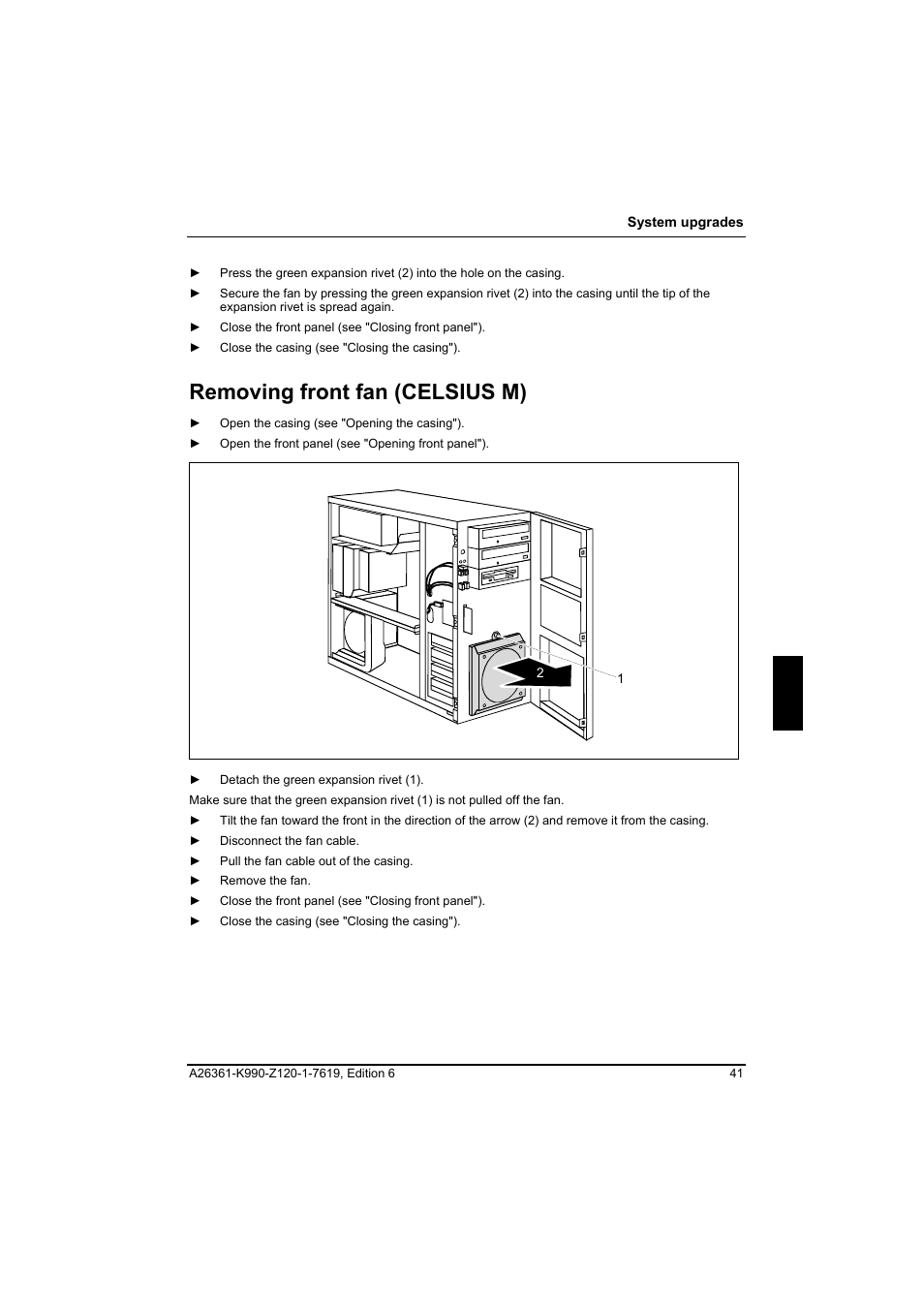 Removing front fan (celsius m) | FUJITSU Siemens CELCIUS M/V/R User Manual | Page 49 / 92