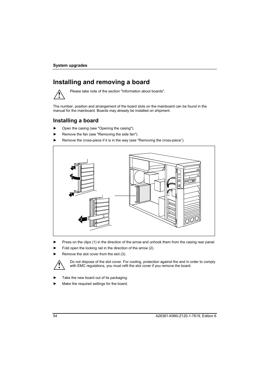 Installing and removing a board, Installing a board | FUJITSU Siemens CELCIUS M/V/R User Manual | Page 62 / 92