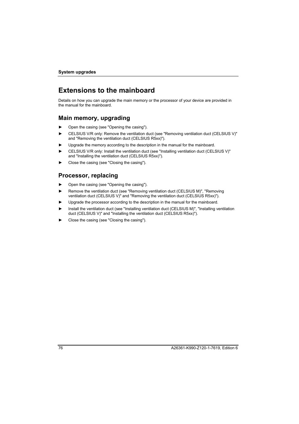 Extensions to the mainboard, Main memory, upgrading, Processor, replacing | FUJITSU Siemens CELCIUS M/V/R User Manual | Page 84 / 92