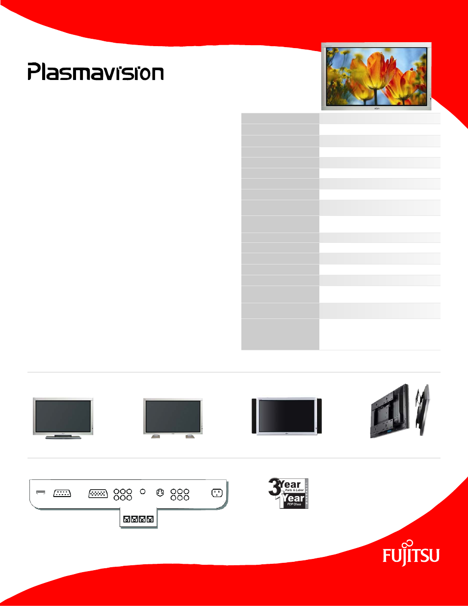 Specifications optional accessories, Input / output array warranty key features | FUJITSU Plasmavision P42VHA51WS User Manual | Page 2 / 2