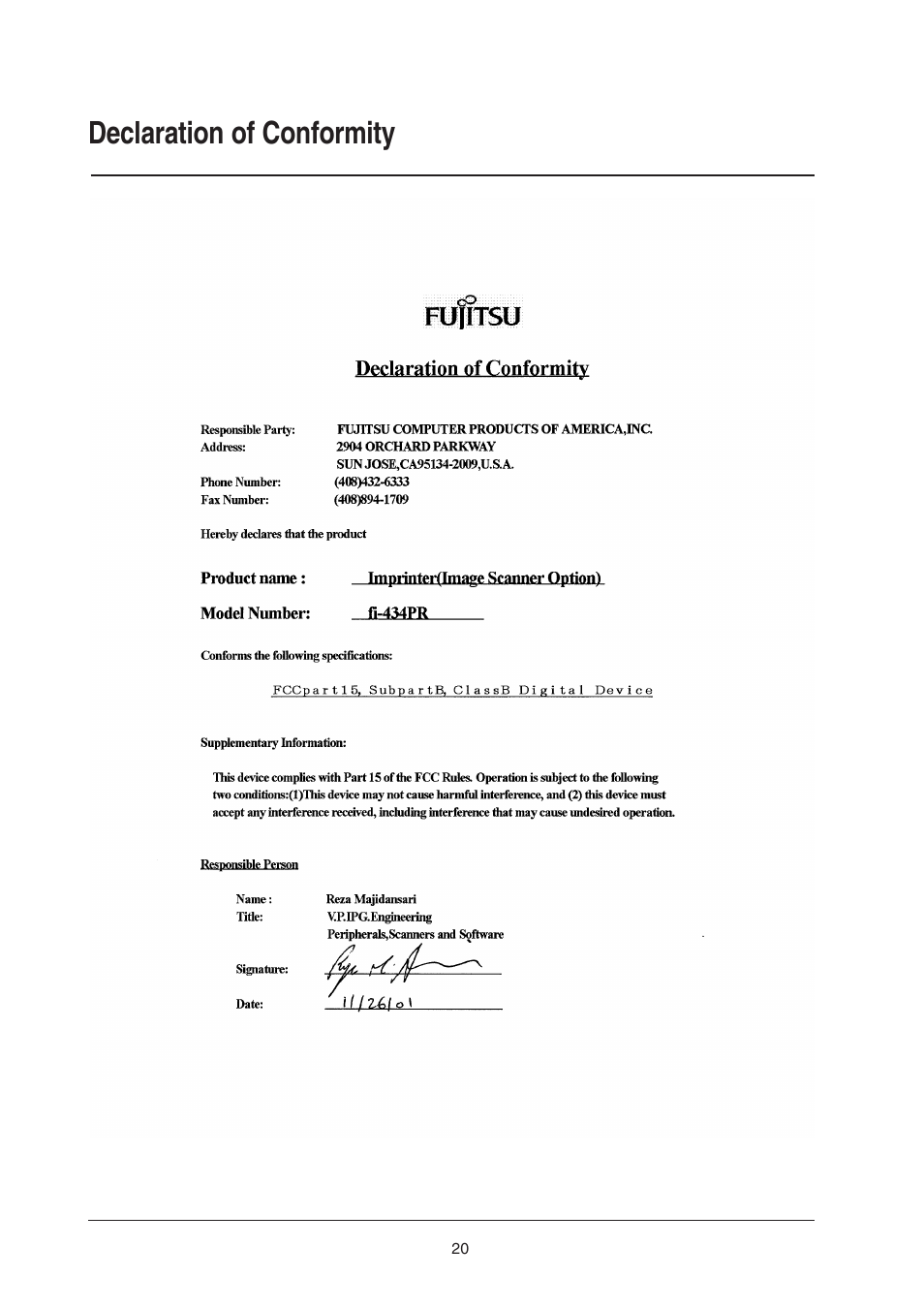 Declaration of conformity | FUJITSU fi-434PR User Manual | Page 22 / 44