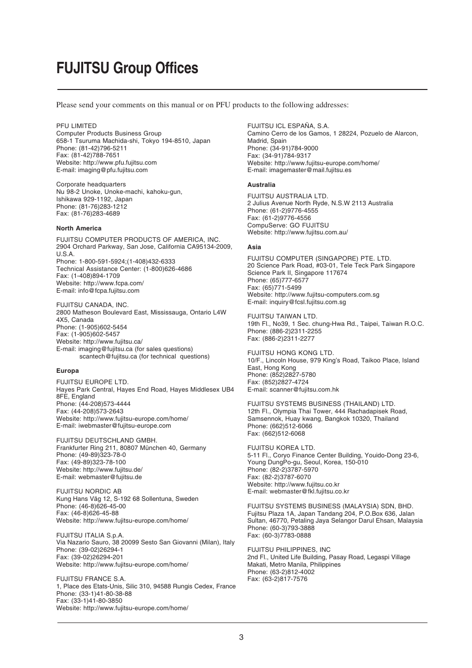 Fujitsu group offices | FUJITSU fi-434PR User Manual | Page 5 / 44
