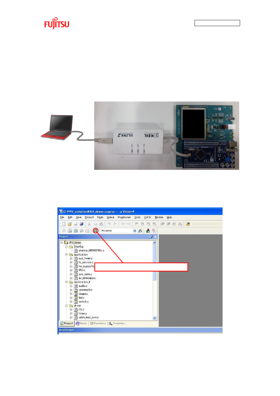 2 start of sample program export and debug, Start of sample program export and debug, Writes program in microcontroller | FUJITSU FMB AN706 User Manual | Page 17 / 99