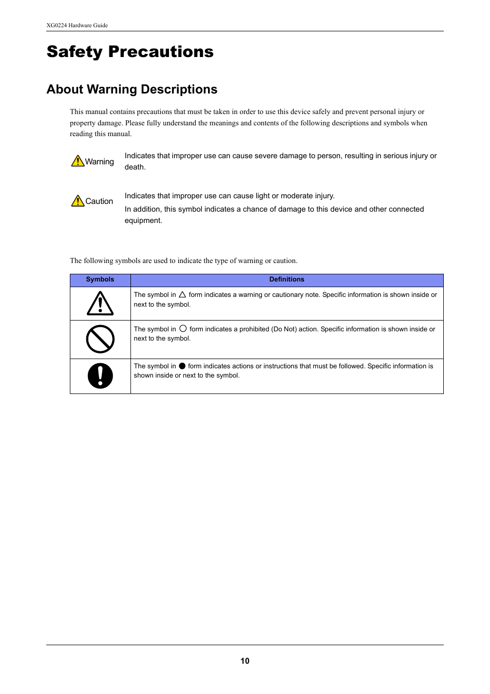 Safety precautions, About warning descriptions | FUJITSU XG0224 User Manual | Page 10 / 47
