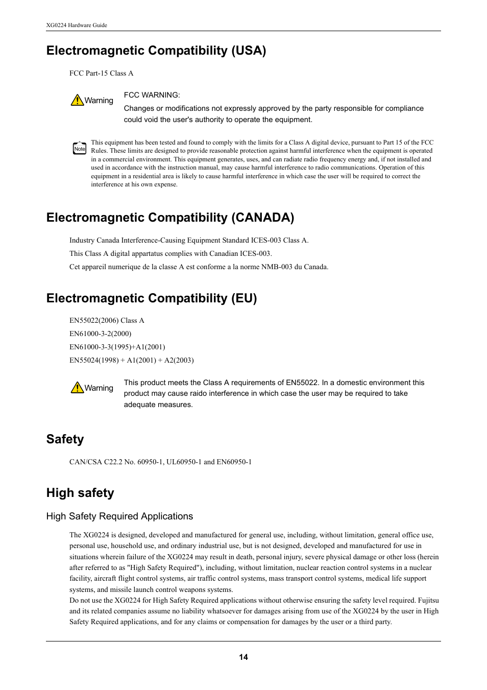 Electromagnetic compatibility (usa), Electromagnetic compatibility (canada), Electromagnetic compatibility (eu) | Safety, High safety | FUJITSU XG0224 User Manual | Page 14 / 47