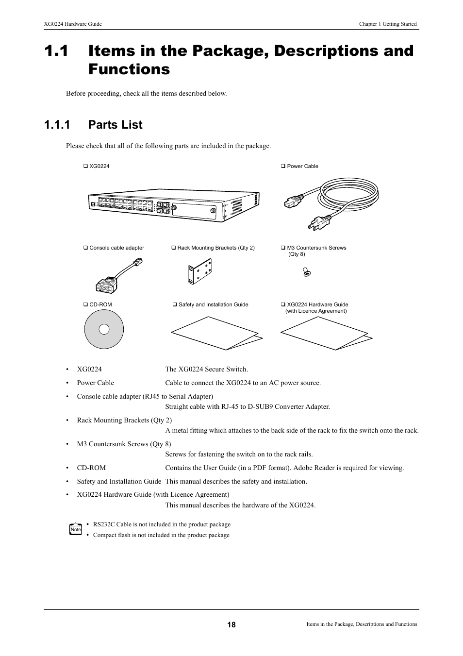 1 items in the package, descriptions and functions, 1 parts list, Items in the package, descriptions and functions | Parts list | FUJITSU XG0224 User Manual | Page 18 / 47