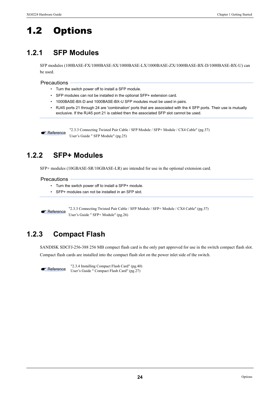 2 options, 1 sfp modules, 2 sfp+ modules | 3 compact flash, Options, Sfp modules, Sfp+ modules, Compact flash | FUJITSU XG0224 User Manual | Page 24 / 47