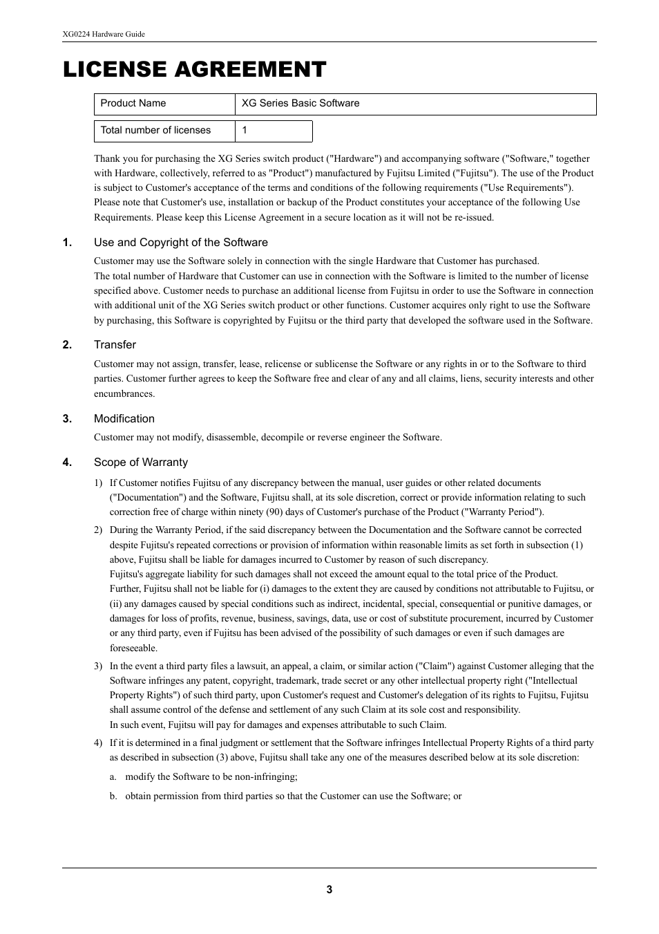 License agreement | FUJITSU XG0224 User Manual | Page 3 / 47