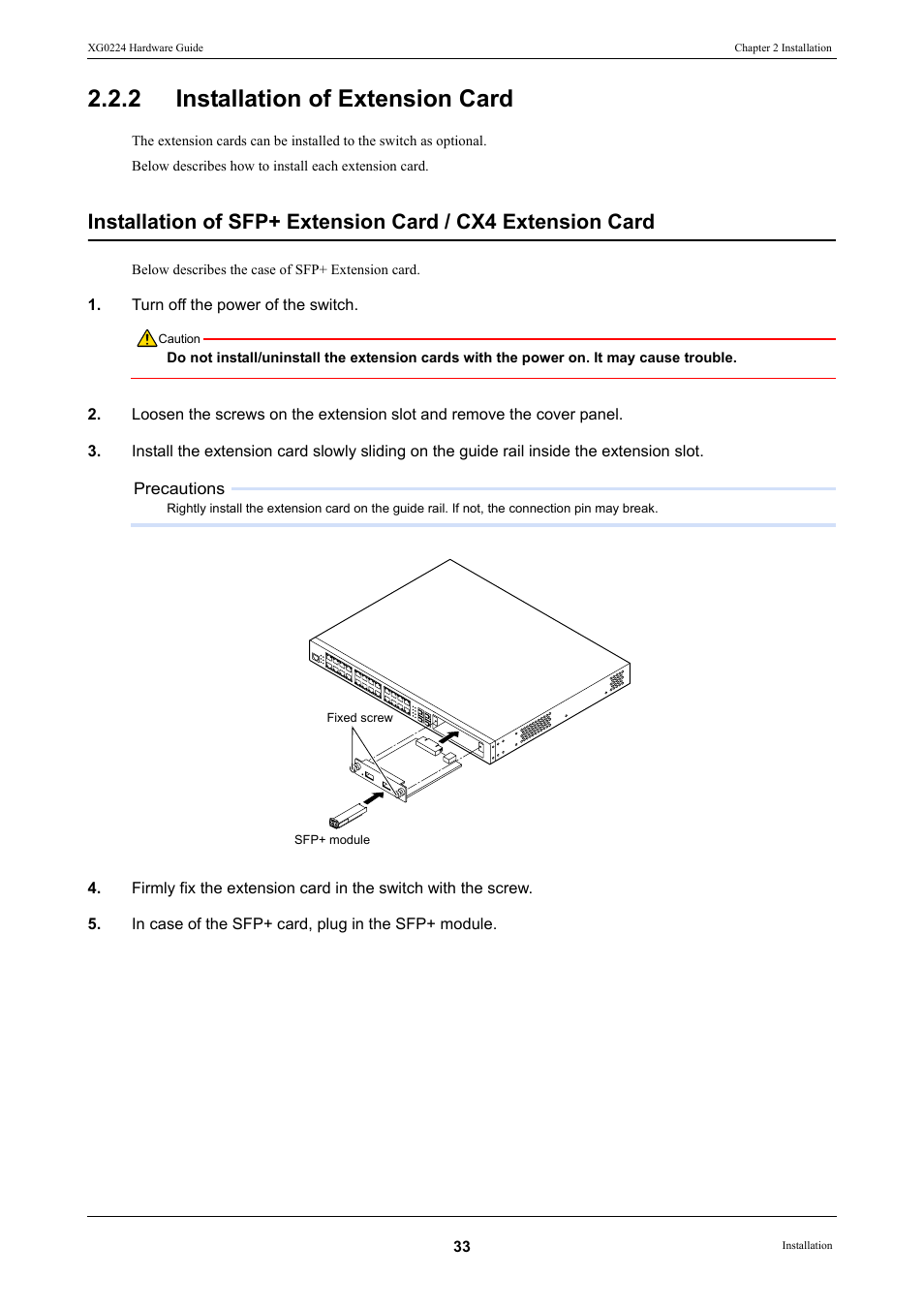 2 installation of extension card, Installation of extension card | FUJITSU XG0224 User Manual | Page 33 / 47