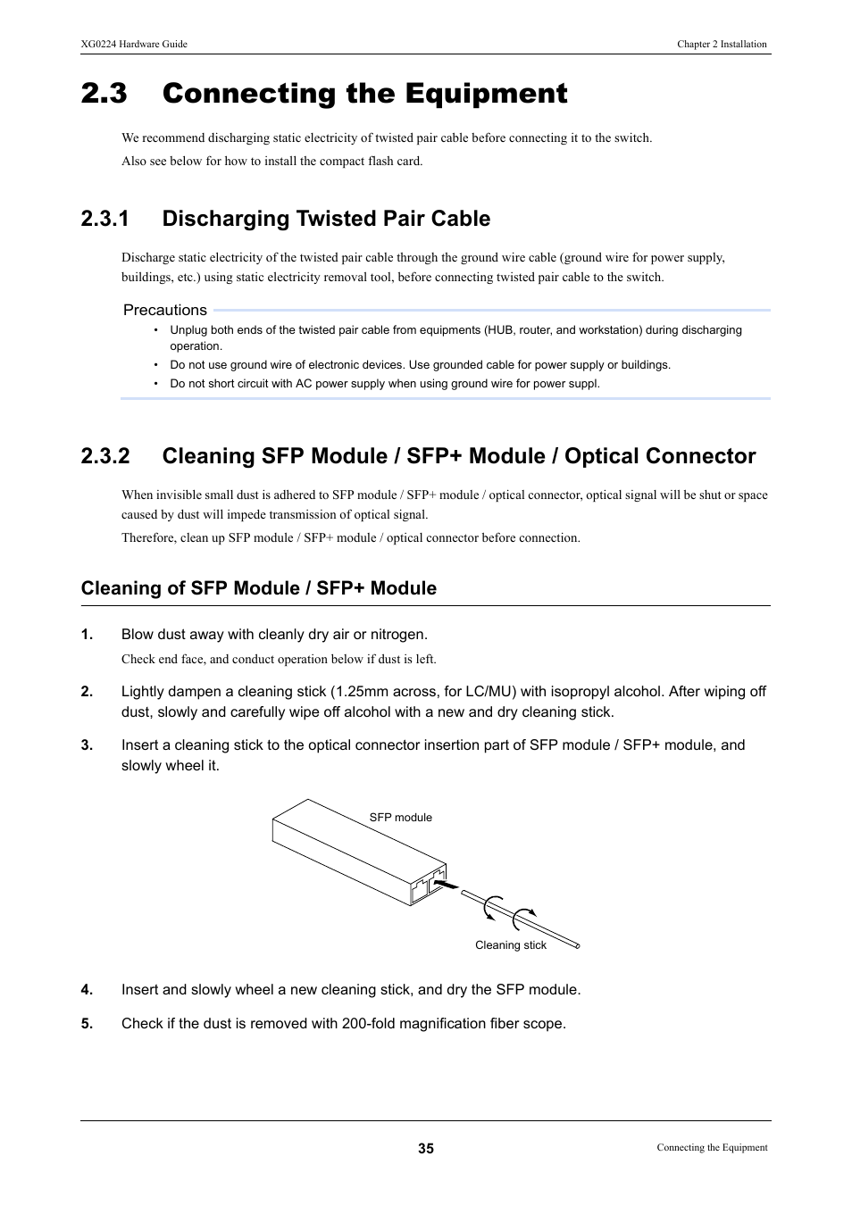 3 connecting the equipment, 1 discharging twisted pair cable, Connecting the equipment | Discharging twisted pair cable, Cleaning of sfp module / sfp+ module | FUJITSU XG0224 User Manual | Page 35 / 47