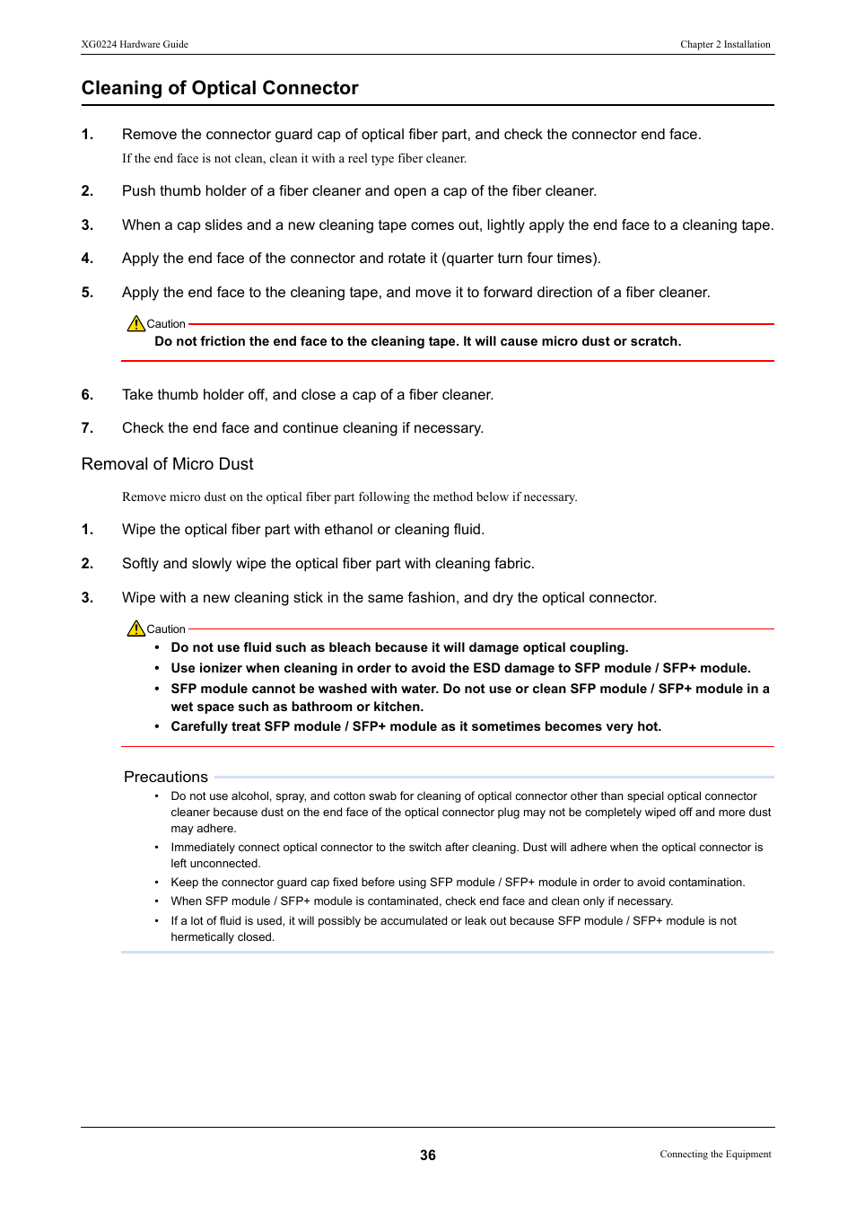 Cleaning of optical connector | FUJITSU XG0224 User Manual | Page 36 / 47