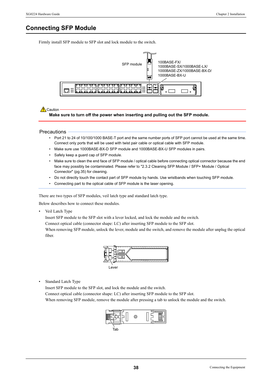 Connecting sfp module, Precautions | FUJITSU XG0224 User Manual | Page 38 / 47