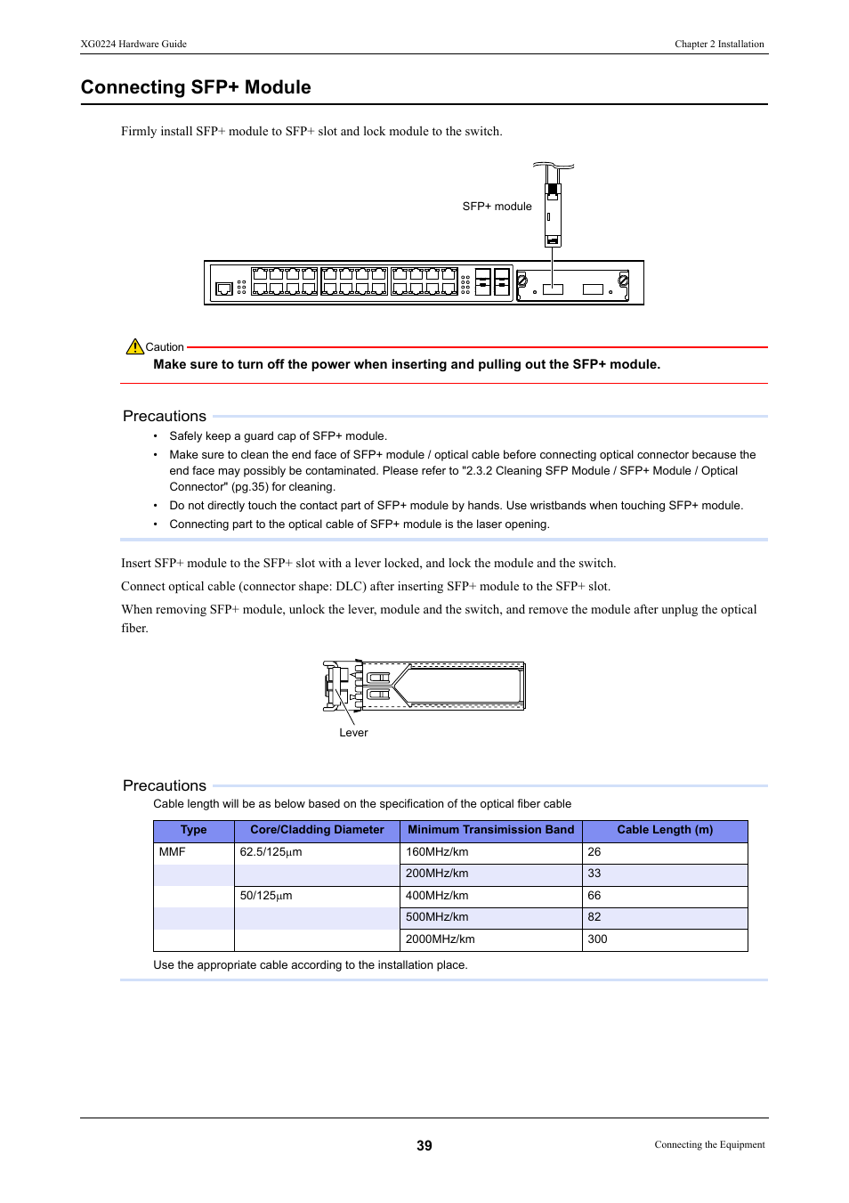 Connecting sfp+ module, Precautions | FUJITSU XG0224 User Manual | Page 39 / 47