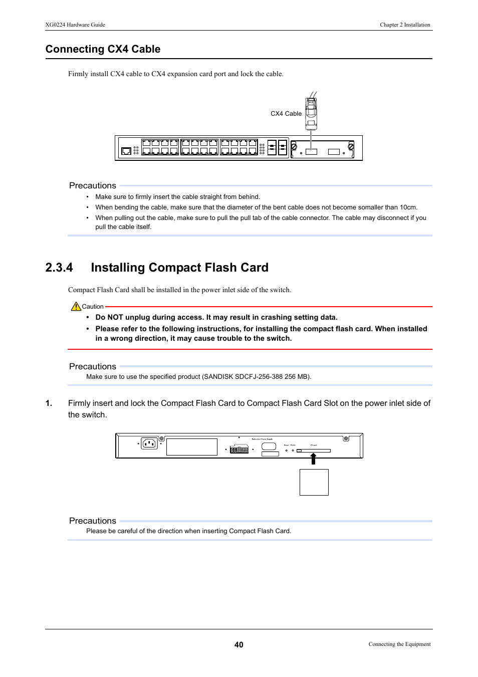 4 installing compact flash card, Installing compact flash card, Connecting cx4 cable | FUJITSU XG0224 User Manual | Page 40 / 47