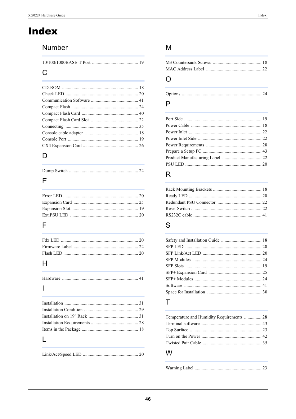 Index, Number | FUJITSU XG0224 User Manual | Page 46 / 47