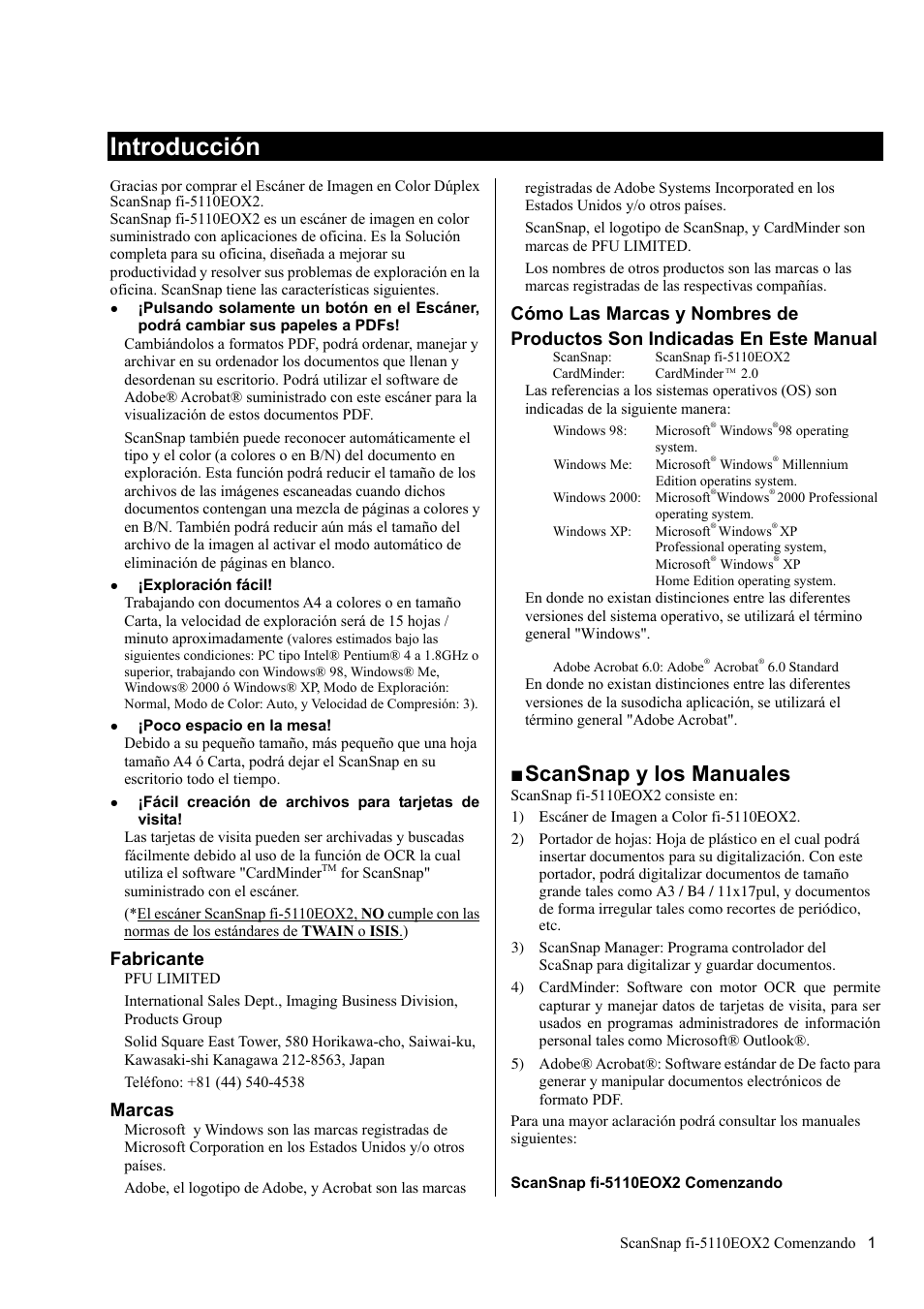 Introducción, Scansnap y los manuales, Fabricante | Marcas | FUJITSU fi-5110EOX2 User Manual | Page 105 / 130