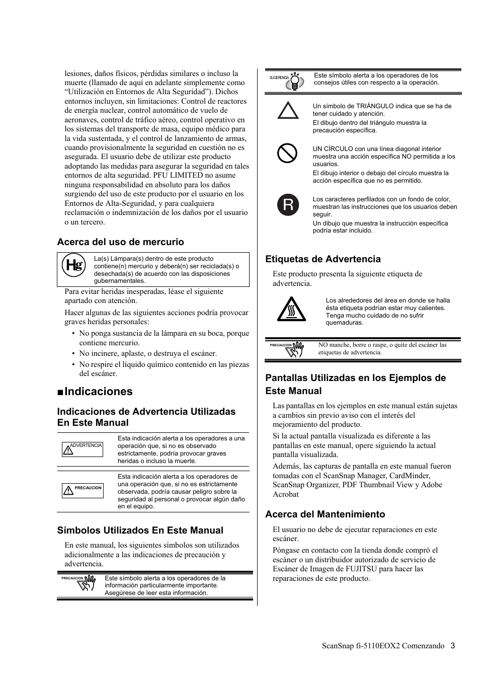 Indicaciones, Acerca del uso de mercurio, Símbolos utilizados en este manual | Etiquetas de advertencia, Acerca del mantenimiento | FUJITSU fi-5110EOX2 User Manual | Page 107 / 130