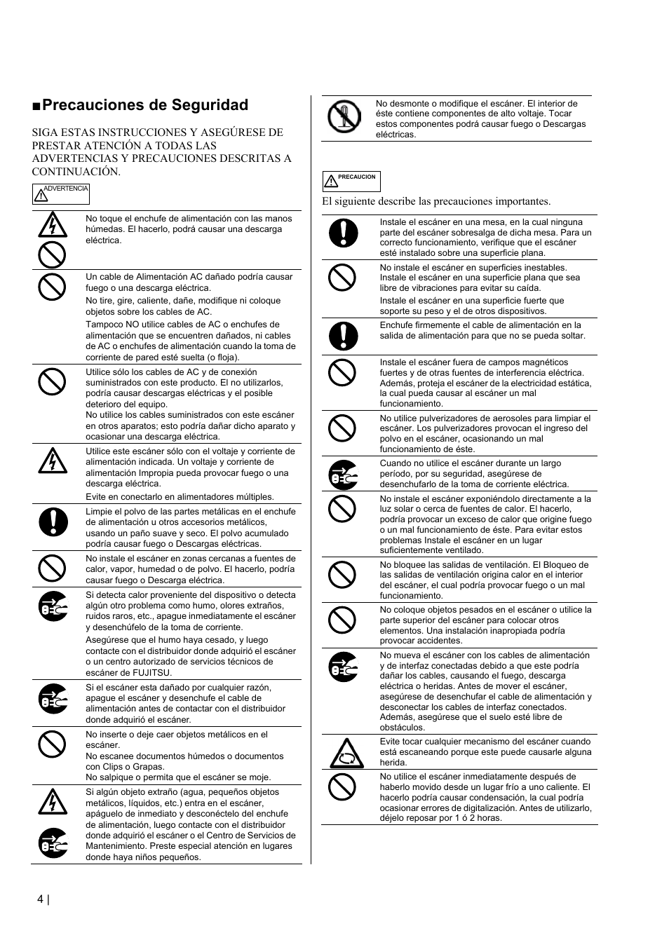 Precauciones de seguridad | FUJITSU fi-5110EOX2 User Manual | Page 108 / 130