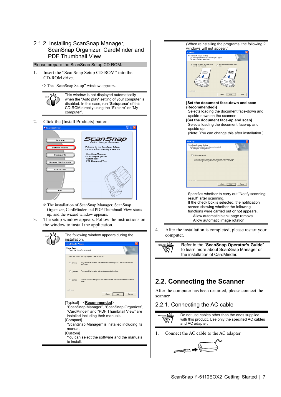 Connecting the scanner, Connecting the ac cable | FUJITSU fi-5110EOX2 User Manual | Page 11 / 130